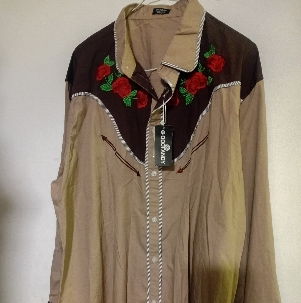 Embroidered Western Dress Shirt - Brown With Red And Green Roses Long Sleeve
